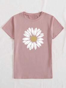Camiseta de algodón 100% con cuello redondo, manga corta y estampado de perlas falsas, top casual de verano para mujer - Rosa Pálido - Ver 4