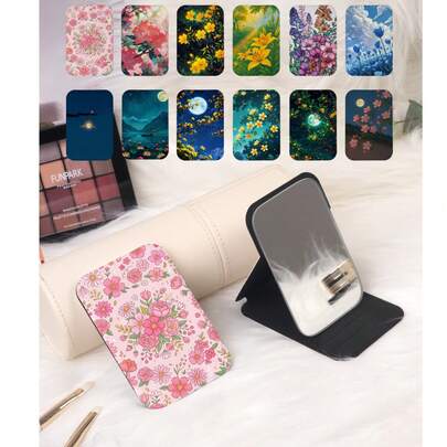 1pc Countryside British Style Floral Vanity Mirror, Foldable Lightweight Compact Handy Mirror, Durable PU Leather, Suitable For All Occasions And People, Foldable Mini Makeup Mirror For Carrying