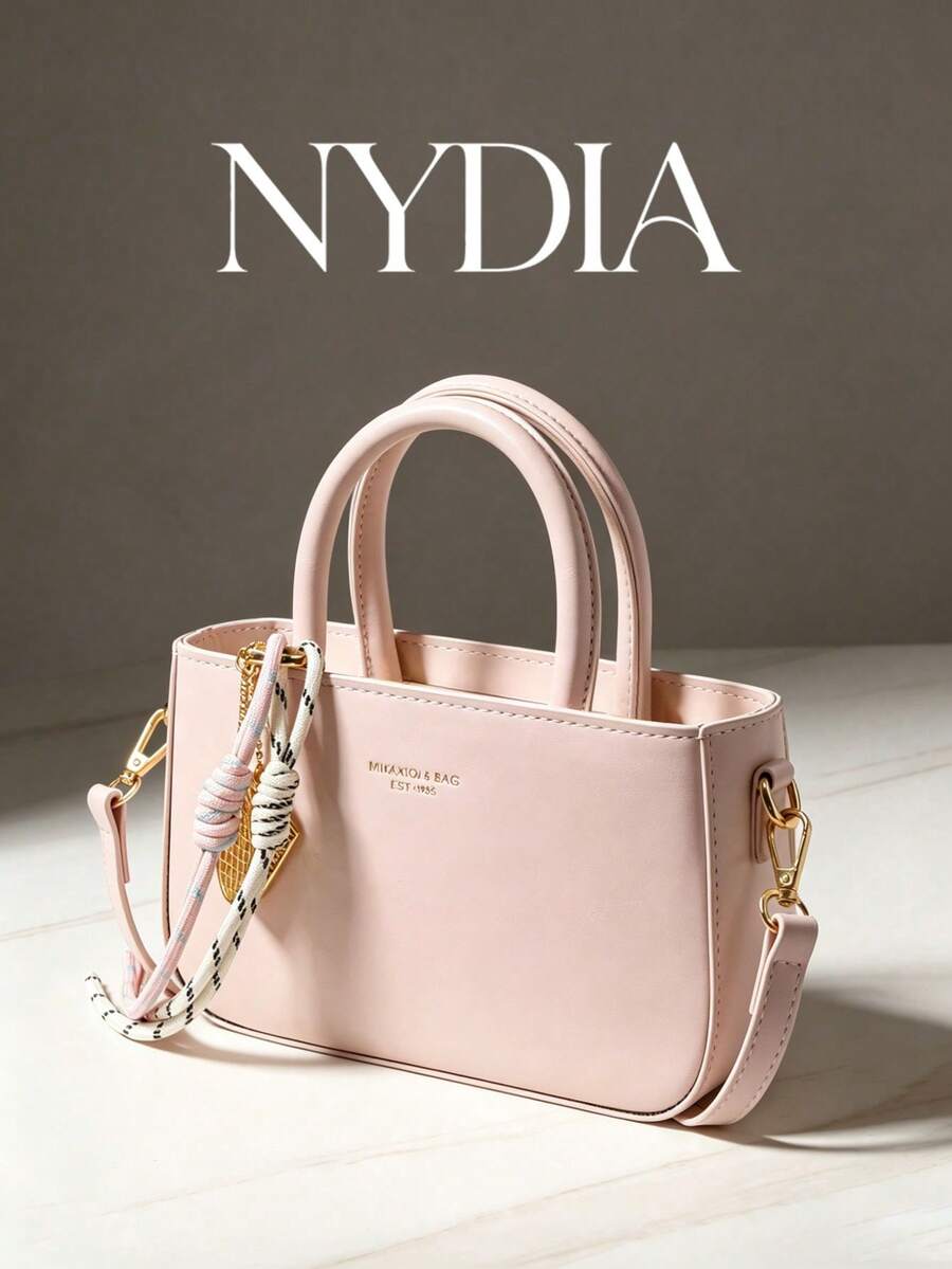 1 Stück rosa geflochtener Seilanhänger Metallcharm Dekoration PU weiches Leder Handtasche, Umhängetasche mit Reißverschluss Achseltasche kleine quadratische Tasche, Frühling/Sommer täglicher Arbeitsweg Einkaufen vielseitige Damen Schulter kleine Tasche