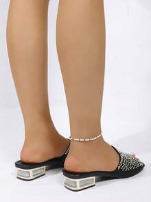 Women's Metallic Glamorous Style Rhinestone Criss-Cross Strap Slide Sandals, Party, Holiday, Wedding, Outdoor Wear, Spring/Summer, Square Toe, Metallic Plated Low Heel, Slip-On, Open Toe, Shiny - Black 4 - View 7