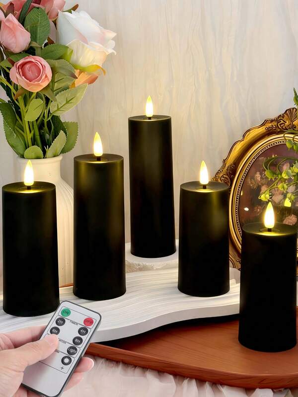5 chiếc nến không lửa, nến LED chạy bằng pin, hình dáng chân thực, có điều khiển từ xa và hẹn giờ, thích hợp cho đám cưới, sinh nhật, Halloween, Giáng sinh, trang trí theo phong cách Gothic (Màu đen)