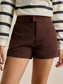 Pantalones cortos casuales de mujer de unicolor simple con bolsillo - Marrón - Ver 5