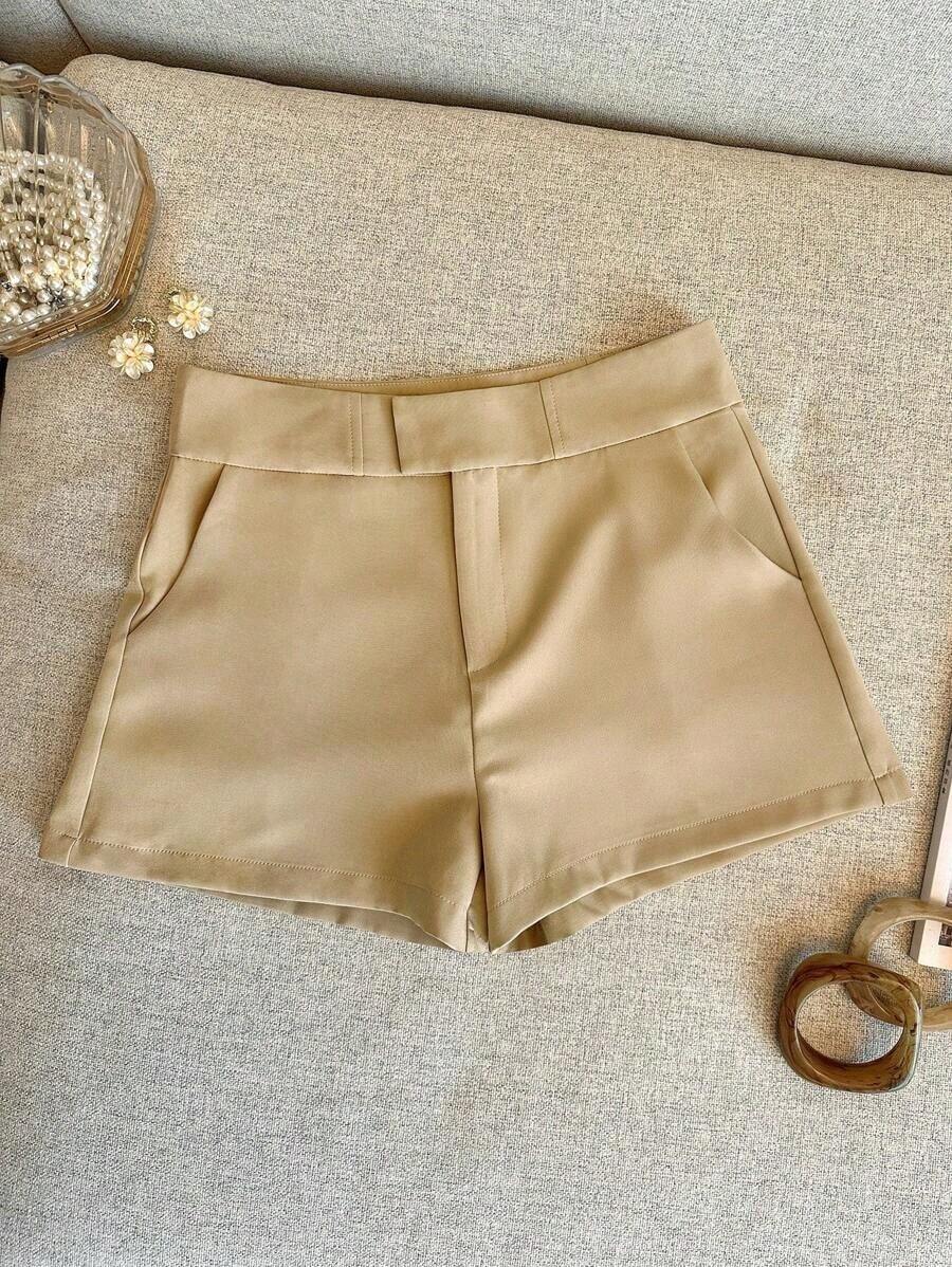 Pantalones cortos casuales de mujer de unicolor simple con bolsillo - Caqui - Ver 1