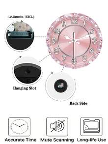 1pc 2D Flat Pink Crystal Theme Silent Decorative Wall Clock, Creative Clock Suitable For Bedroom, Living Room, Office, Size 10/12 Inches (Batteries Not Included) - 1PC - View 5