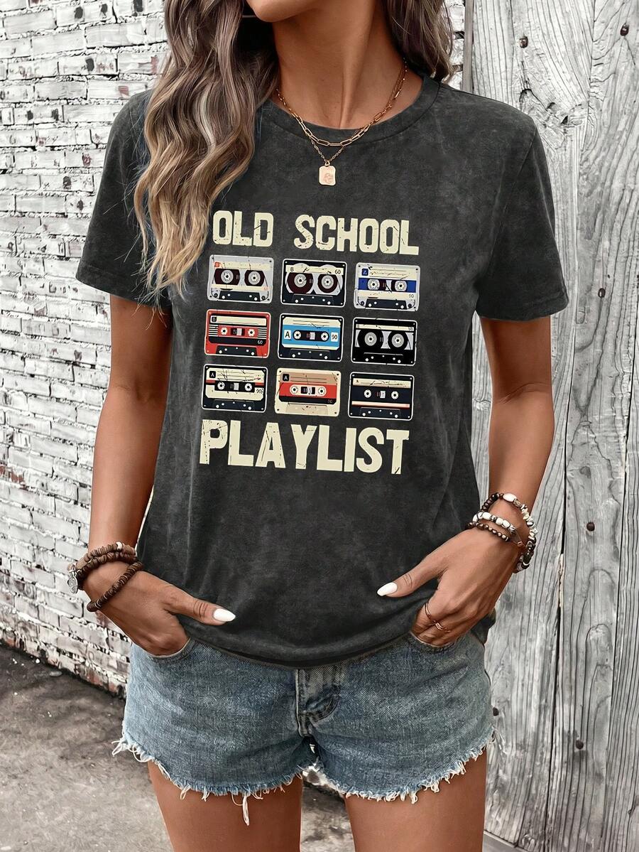 Plus Size Women's Vintage Washed Tape Pattern T-Shirt, Round Neck Short Sleeve Top, Retro Music Style Casual Shirt, Spring/Summer Black - Black - View 1