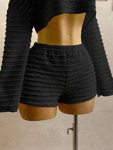 Conjunto de 2 piezas de top y shorts de cuello asimétrico de color sólido para mujer, estilo casual de vacaciones - Negro - Ver 5