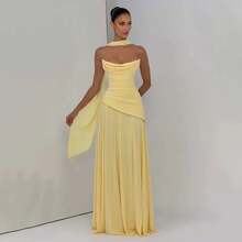 Townlike Mesh Patchwork A-Line Maxi Long Dress Women Strapless 2026 Spring Summer Dress Evening Nightclub Sexy Party Dresses - Màu vàng - Xem 1