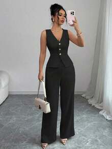 Conjunto de camiseta sin mangas y pantalones elegante para mujer, estilo de oficina y transporte, atuendo de otoño para maestros - Negro 2 - Ver 1