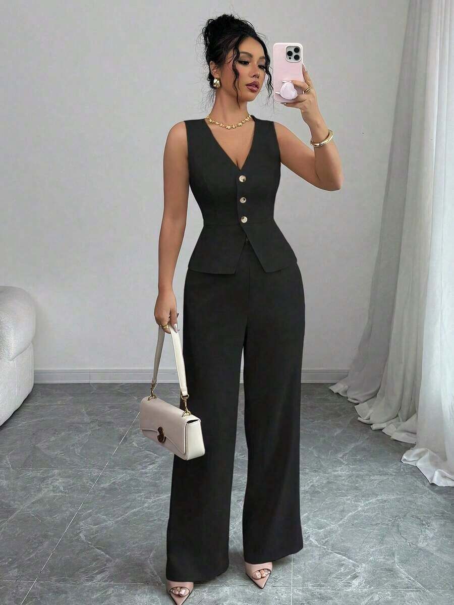 Conjunto de camiseta sin mangas y pantalones elegante para mujer, estilo de oficina y transporte, atuendo de otoño para maestros - Negro 2 - Ver 1