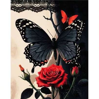 5D DIY Diamond Painting Kit - Black Butterfly & Red Rose, Acrylic Diamond Art Mosaic Craft, Home Decor For Living Room, Bedroom, Ideal Gift, Frameless