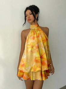 Elegant Women's Mini Dress With Halter Neck And Bow In Light Yellow - Kuning - View 5