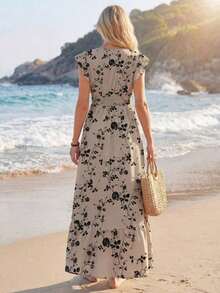 Vestido largo de línea A con pliegues y estampado floral vintage, con mangas cortas y bajo. Vestido elegante y casual para vacaciones, adecuado para primavera y verano. Vestido chic para salir de vacaciones - Multicolor 2 - Ver 2