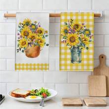1/2 Sets Fashionable Delicate Kitchen Decorative Towel Set, Featuring Yellow Daisy And Heart-Shaped Watermelon Print, Size: 40cm*60cm, Super Soft Modern Absorbent Microfiber Fabric, Suitable For Cooking Use - Multicolor - View 4