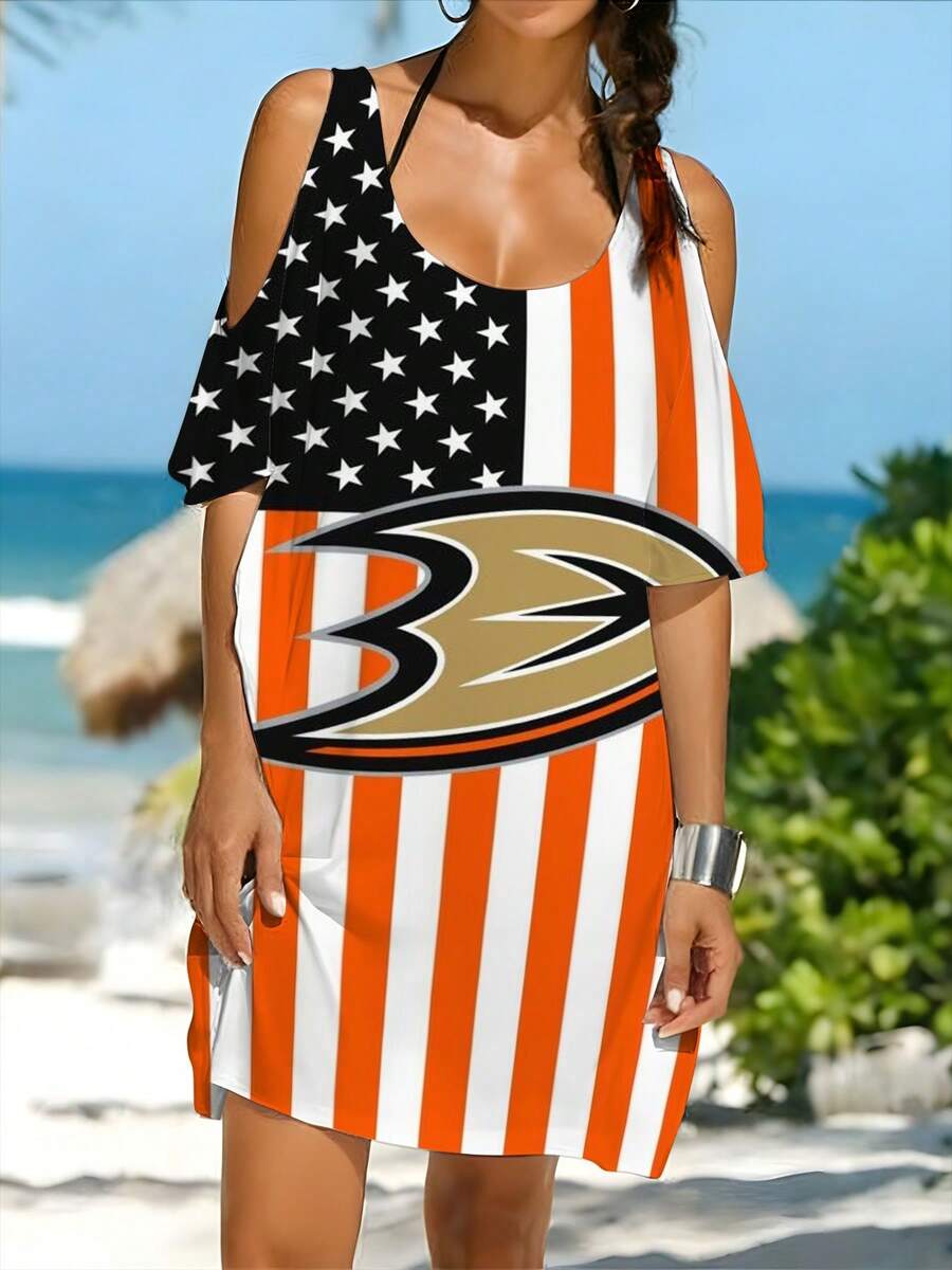 Women's  American Flag Women's Cold Shoulder Cover Up Dress, Short Sleeve Loose Beach Tunic, Casual Swimwear Cover-Up For Summer Vacation - 混合色 - 查看 1