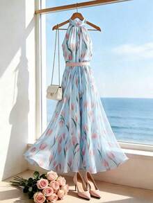Vestido de mujer con estampado digital, cuello halter y cintura ajustada, adecuado para vacaciones en la playa y viajes - Azul - Ver 7