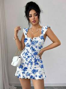 Vestido camisero con volantes en el bajo y hombros descubiertos, estilo vintage con estampado - Vestido entallado de línea A - Azul - Ver 8