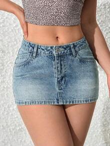 Falda vaquera corta casual de mujer con decoración de bolsillo y silueta ajustada - Azul 4 - Ver 4