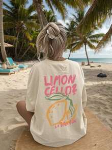 Camiseta de manga corta con cuello redondo y estampado de limones para mujer, estilo casual de vacaciones, top moderno para el verano y uso diario. - Albaricoque - Ver 8