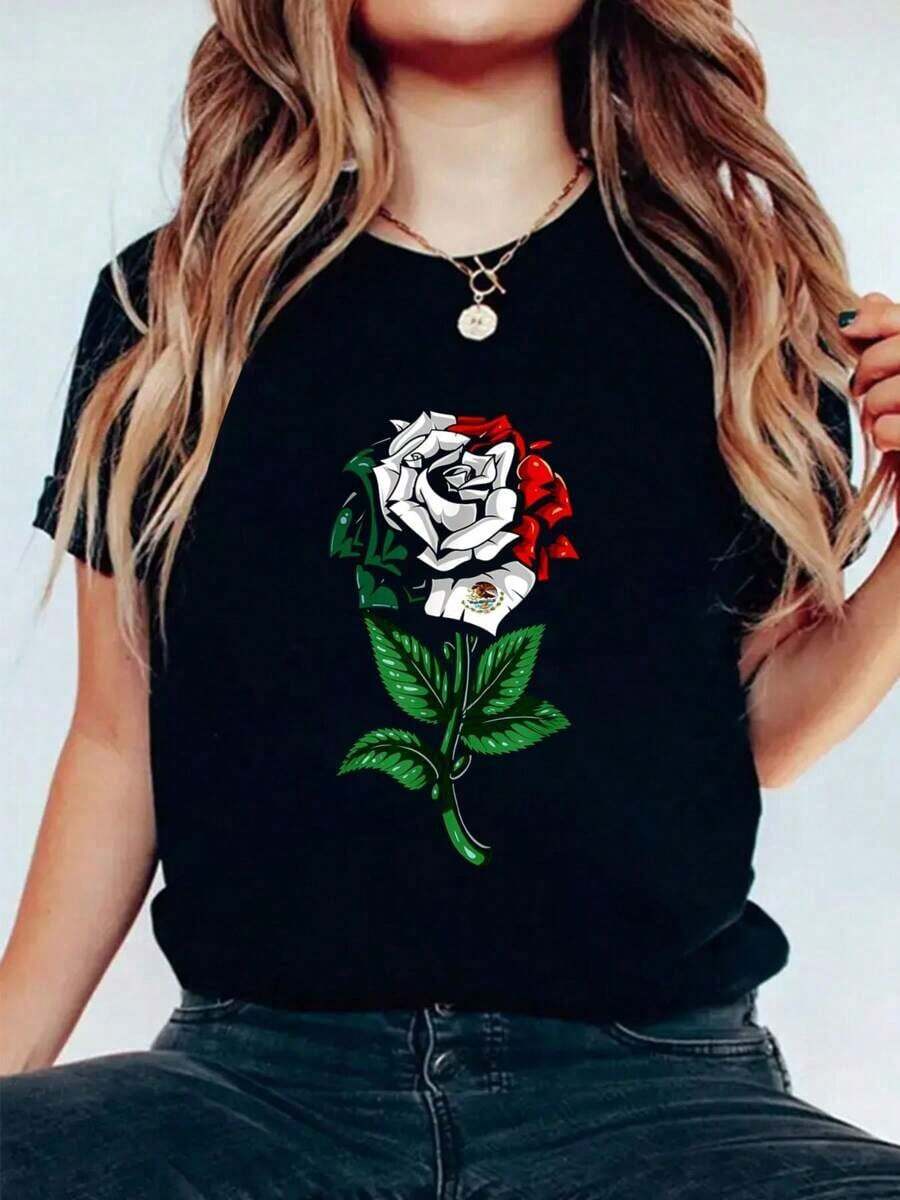 Camiseta de algodón con la bandera deéxico para mujer, cuello redondo, manga corta, estilo casual. 6YKW - Negro - Ver 1
