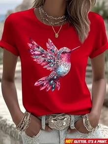 Short-Sleeved T-Shirt With A Hummingbird Print And Luxurious Rhinestones, Regular Fit, Round Neck, Women's Spring/Summer Clothing, Fashionable Casual Outdoor Wear, Lightweight And Breathable Fabric, Suitable As A Gift For Daughters, Sisters, Birthdays, Best Friends, Mothers, And Relatives. For Summer. - 紅色 - 查看 7