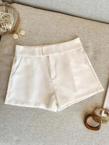 Pantalones cortos casuales de mujer de unicolor simple con bolsillo - Blanco - Ver 1