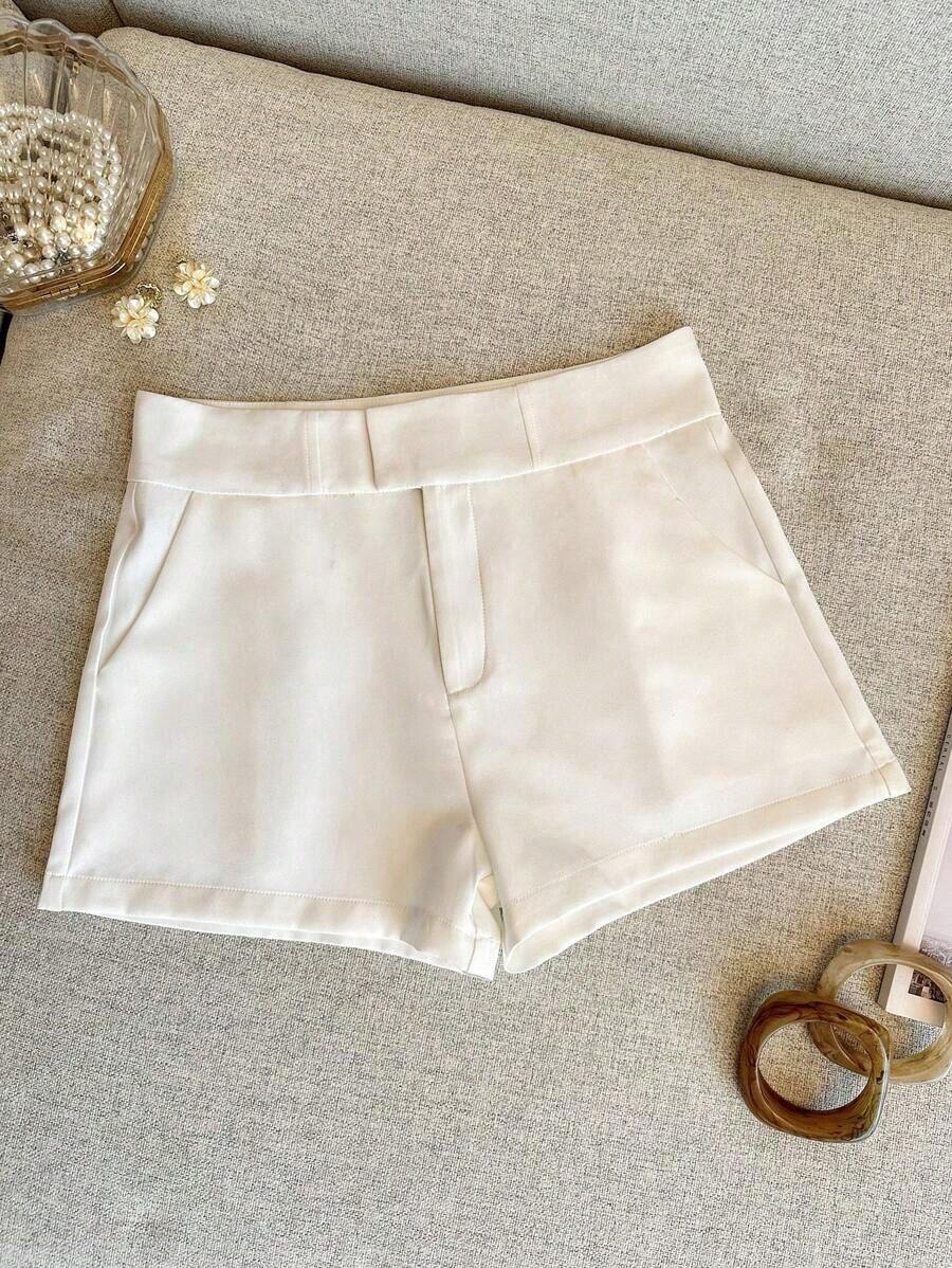 Pantalones cortos casuales de mujer de unicolor simple con bolsillo - Blanco - Ver 1