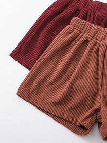 2pcs Girls' Spring/Summer Casual Shorts, Chocolate, Burgundy, Corduroy, Vintage Colors, Elastic Waist - Multicolor - View 6