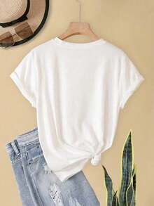 Clásico ‌ Camiseta de manga corta para mujer, cuello redondo, holgada, casual y versátil, nuevo estampado floral, como capa base, tejido suave con buena caídaSummer Tee - Blanco - Ver 3
