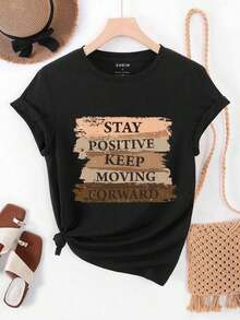 Solt Camiseta gráfica de manga corta con estampado de eslogan para uso diario y casual de mujer graphic - Negro - Ver 7
