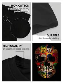 Alternative Style Men's Short Sleeve T-Shirt With Skull Print Formed By Multiple Colorful Lucha Libre Masks, Creative And Vibrant Design, Loose Fit, Ideal For Urban Art And Mexican Culture Lovers, 220 G 100% Cotton, Soft, Breathable And Long-Lasting, Artistic - 黑色 - 查看 5