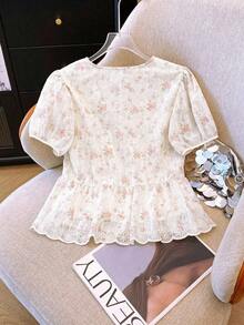 Blusa de mujer con escote en V bordada de estilo romántico francés de manga corta - Blanco - Ver 2