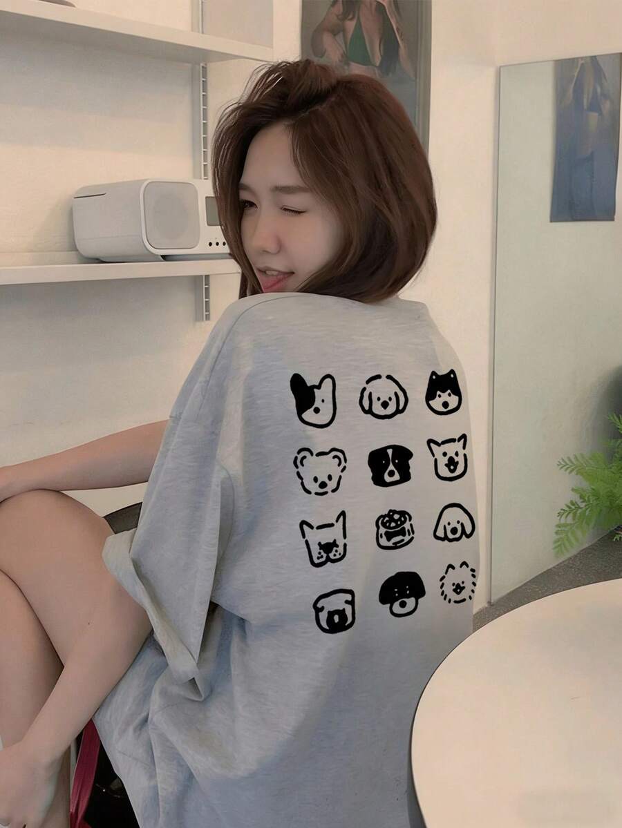 Áo thun nữ mùa hè kiểu Nhật, cổ tròn, tay ngắn, dáng rộng, in hình hoạt hình cún con, phong cách thường ngày. - Màu xám nhạt - Xem 1