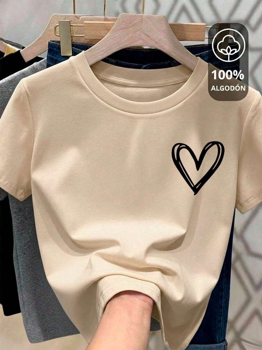 Women's Cotton T-Shirt, Women's T-Shirt With Heart Print And Round Neck, Round Neck, 100% Cotton, Soft Fabric, Short Sleeve - 杏色 - 查看 1