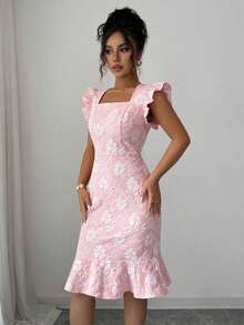 Vestido elegante de jacquard de cuello cuadrado y manga corta para uso diario, verano - Rosa - Ver 3