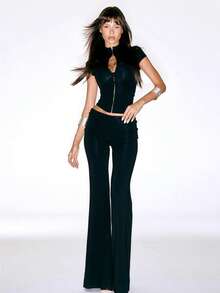 Conjunto de dos piezas  cardigan ajustable y pantalones liso estilo chic - Negro - Ver 1