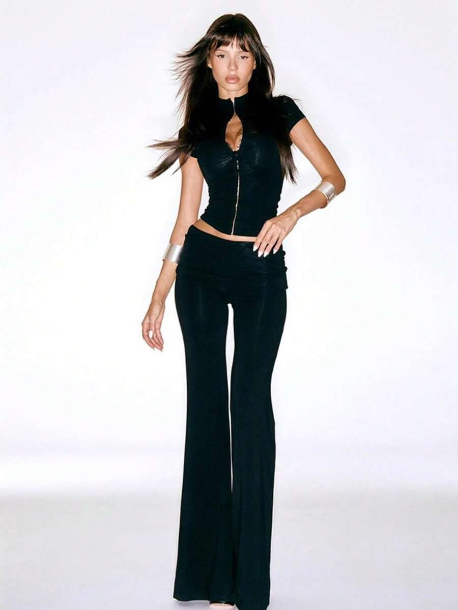 Conjunto de dos piezas cardigan ajustable y pantalones liso estilo chic - Negro - Ver 1