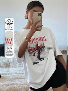 Camiseta de mujer de manga corta y cuello redondo holgada con estampado de letras, camiseta gráfica de verano oversize, top preppy - Blanco - Ver 6