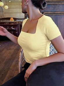Blusa de manga corta con cuello cuadrado, elegante y versátil, adecuada para uso diario, ir al trabajo y salir, primavera y verano - Amarillo - Ver 3