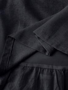 女款春夏新款亞麻面料刺繡下擺長裙，休閒百搭鬆緊腰蕾絲拼接裙，黑色 - 黑色 - 查看 3