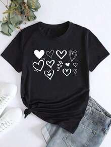 Vintage Camiseta de manga corta para mujer con estampado Multi Heart Casual Loose HomeFashion 100% Cotton - Negro - Ver 6