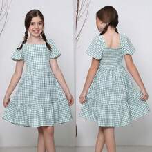 Short Checkered Dress For Children And Teens At June Festivals - Màu xanh Bạc hà - Xem 1