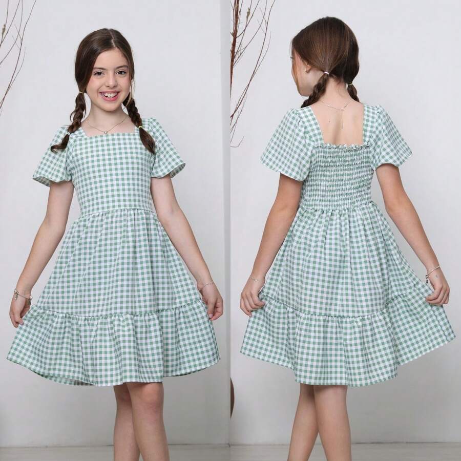 Short Checkered Dress For Children And Teens At June Festivals - Màu xanh Bạc hà - Xem 1