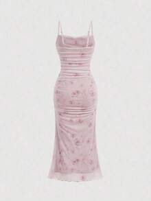 Vestido de cola de pez con estampado floral elegante para mujer, verano - Rosa Pálido - Ver 2