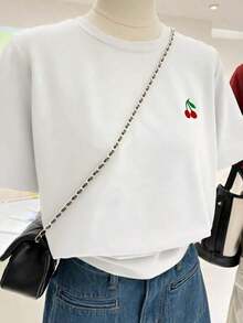 Camiseta de mujer con cuello redondo y estampado bordado de caballero - Blusa casual de cuello redondo - Camiseta ligera adecuada para todas las estacionesPure-Cotton - Blanco 1 - Ver 5