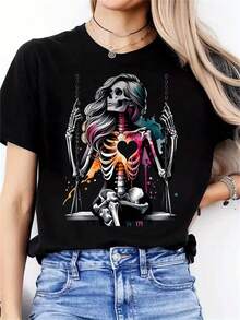 Women's Short Sleeve Cotton T-Shirt, Skeleton Heart Graphic Print Tee - Soft & Stretchy Round Neck, Casual T-Shirt, Machine Washable, Comfortable Fit For All Seasons, Sporty Style T-Shirt, Artistic Fashion T-Shirt, Non-See-Through Fabric. - 黑色 - 查看 9