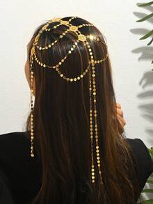 1pc Vintage Luxurious Copper Inlaid Colorful Zirconia Geometric Pattern Mosaic Round Disc Tassel Headpiece, Jewelry Accessory For Women, Bridal Wedding Party Holiday Gift - Multicolor - View 1
