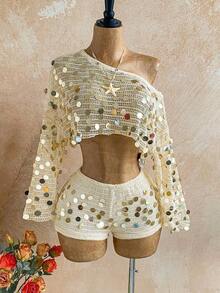 Conjunto de 2 piezas de top y shorts de cuello asimétrico de color sólido para mujer, estilo casual de vacaciones - Blanco - Ver 7