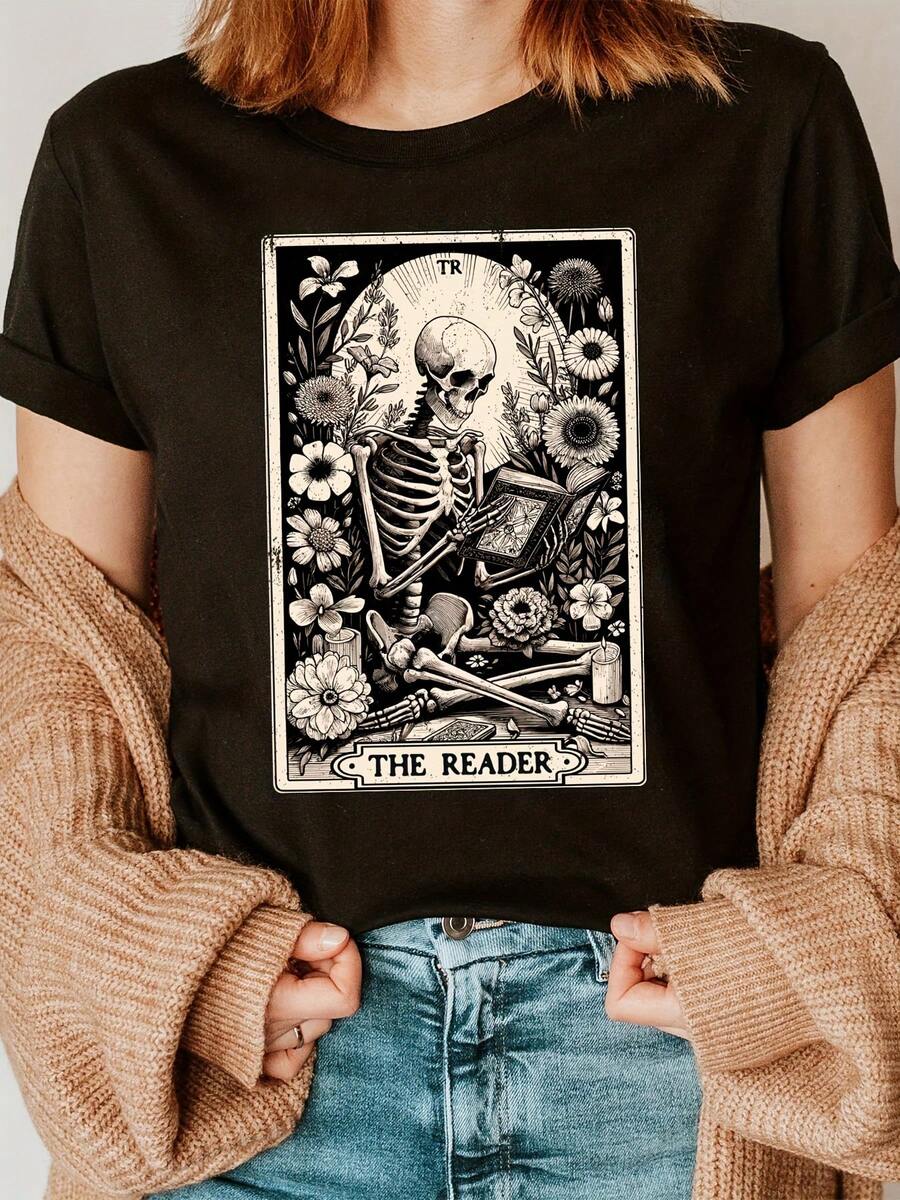 Camiseta negra con estampado floral y calaveras, manga corta, cuello redondo, top casual para verano y primavera, ropa de mujer - Negro - Ver 1