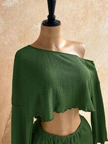 Casual 2-Piece Set Consisting Of A Cropped Top With An Irregular Neckline And Lettuce Hem, And Shorts, In A Solid Color, For Vacation, Spring/Summer - Dark Green - View 6