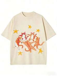 Gift Summer T-Shirt Y2K Style New Hip-Hop With Dancing Cat And Star Print, Unisex Retro T-Shirt, Cool, Versatile, Comfortable And Loose Summer Short Sleeve 2P7USoft - 杏 - 查看 10